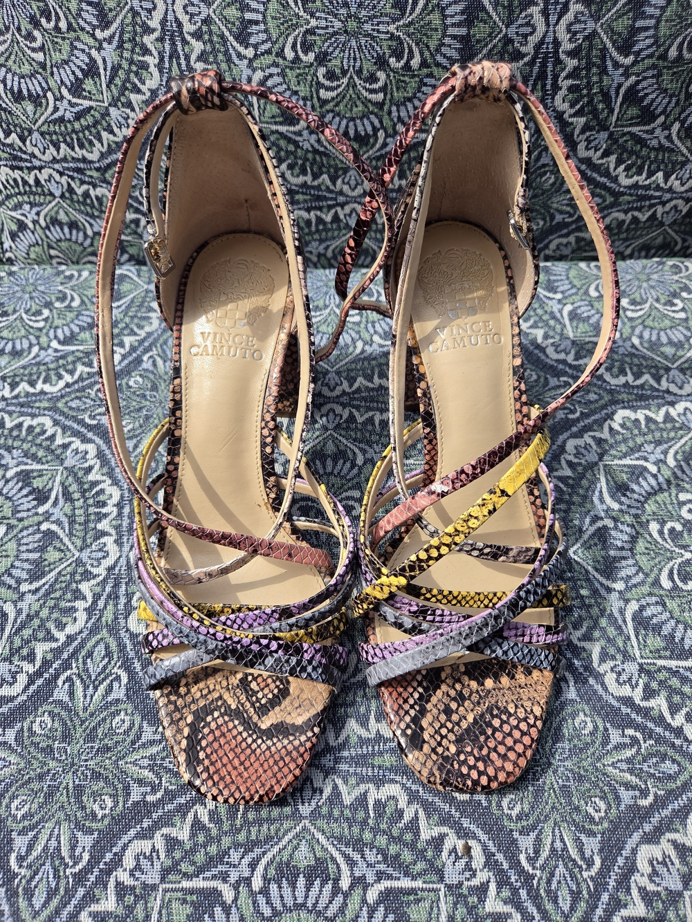 Vince Camuto Multicolor Snake-Print Strappy Sandals - Pink/Yellow/Purple Size 8